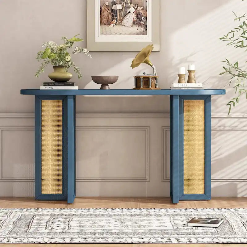 Tavolo Consolle in Rattan Stile Fattoria, Tavolo da Ingresso, Blu Scuro
