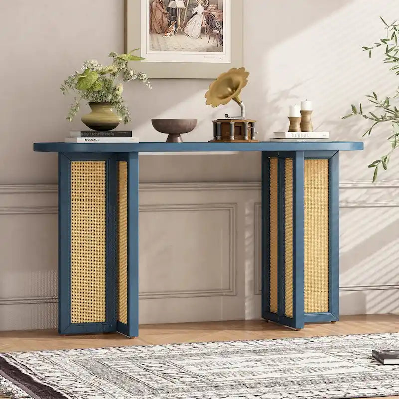 Tavolo Consolle in Rattan Stile Fattoria, Tavolo da Ingresso, Blu Scuro