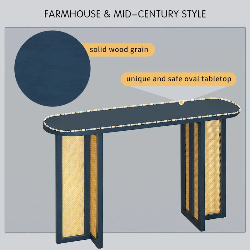 Tavolo Consolle in Rattan Stile Fattoria, Tavolo da Ingresso, Blu Scuro