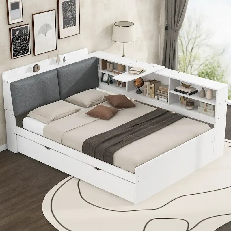 Struttura Divano Letto in Legno con Contenitore, Letto Moderno con Rotelle e Testiera Imbottita e Scaffali, Nessuna Rete a Molle Necessaria
