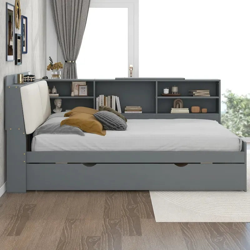 Struttura Divano Letto in Legno con Contenitore, Letto Moderno con Rotelle e Testiera Imbottita e Scaffali, Nessuna Rete a Molle Necessaria