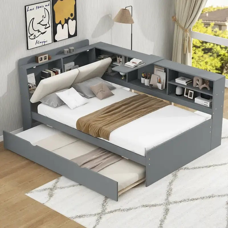 Struttura Divano Letto in Legno con Contenitore, Letto Moderno con Rotelle e Testiera Imbottita e Scaffali, Nessuna Rete a Molle Necessaria
