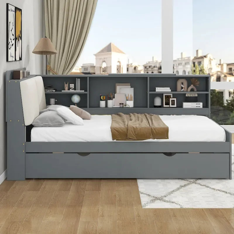 Struttura Divano Letto in Legno con Contenitore, Letto Moderno con Rotelle e Testiera Imbottita e Scaffali, Nessuna Rete a Molle Necessaria