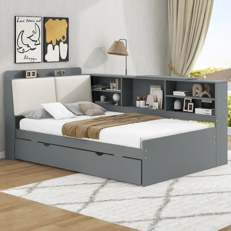 Struttura Divano Letto in Legno con Contenitore, Letto Moderno con Rotelle e Testiera Imbottita e Scaffali, Nessuna Rete a Molle Necessaria