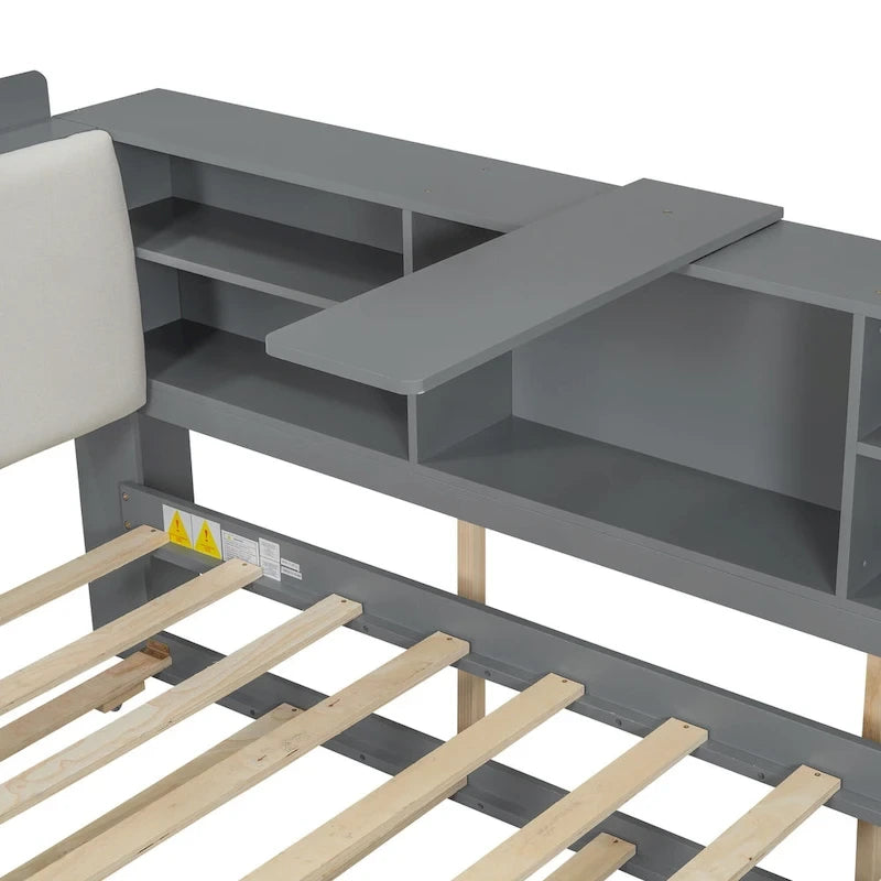 Struttura Divano Letto in Legno con Contenitore, Letto Moderno con Rotelle e Testiera Imbottita e Scaffali, Nessuna Rete a Molle Necessaria