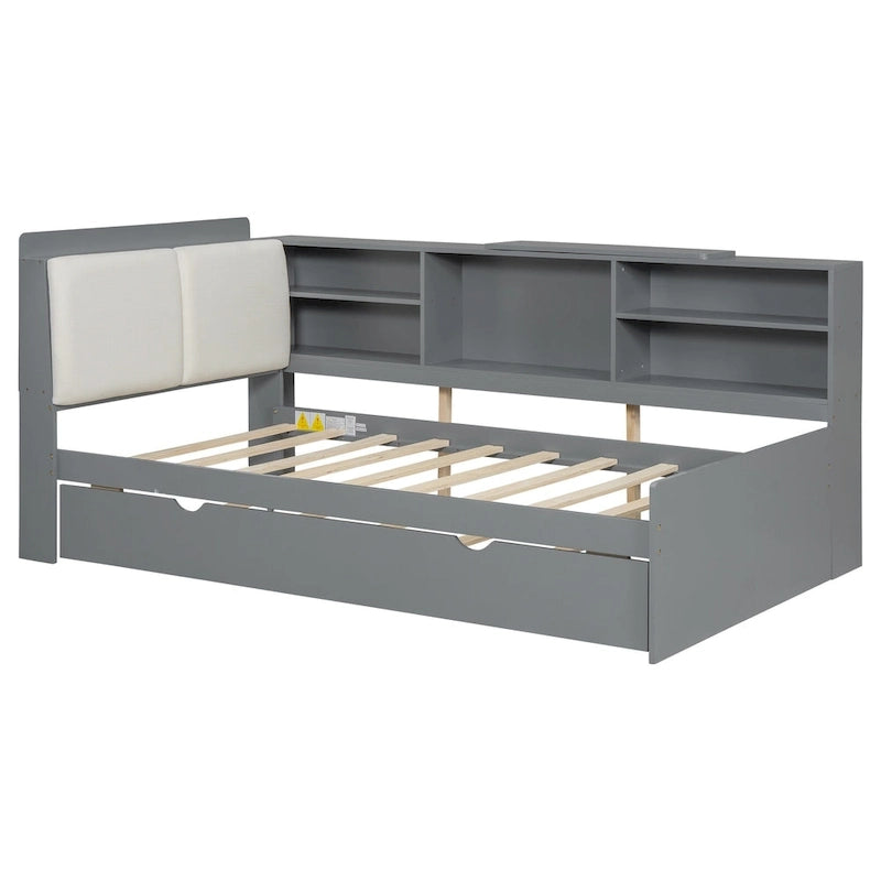 Struttura Divano Letto in Legno con Contenitore, Letto Moderno con Rotelle e Testiera Imbottita e Scaffali, Nessuna Rete a Molle Necessaria
