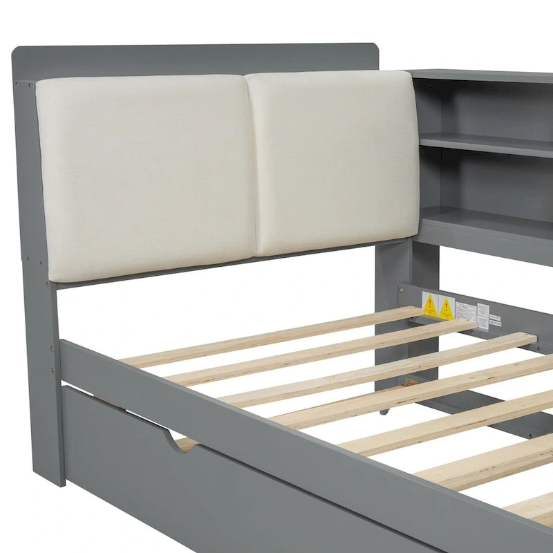 Struttura Divano Letto in Legno con Contenitore, Letto Moderno con Rotelle e Testiera Imbottita e Scaffali, Nessuna Rete a Molle Necessaria