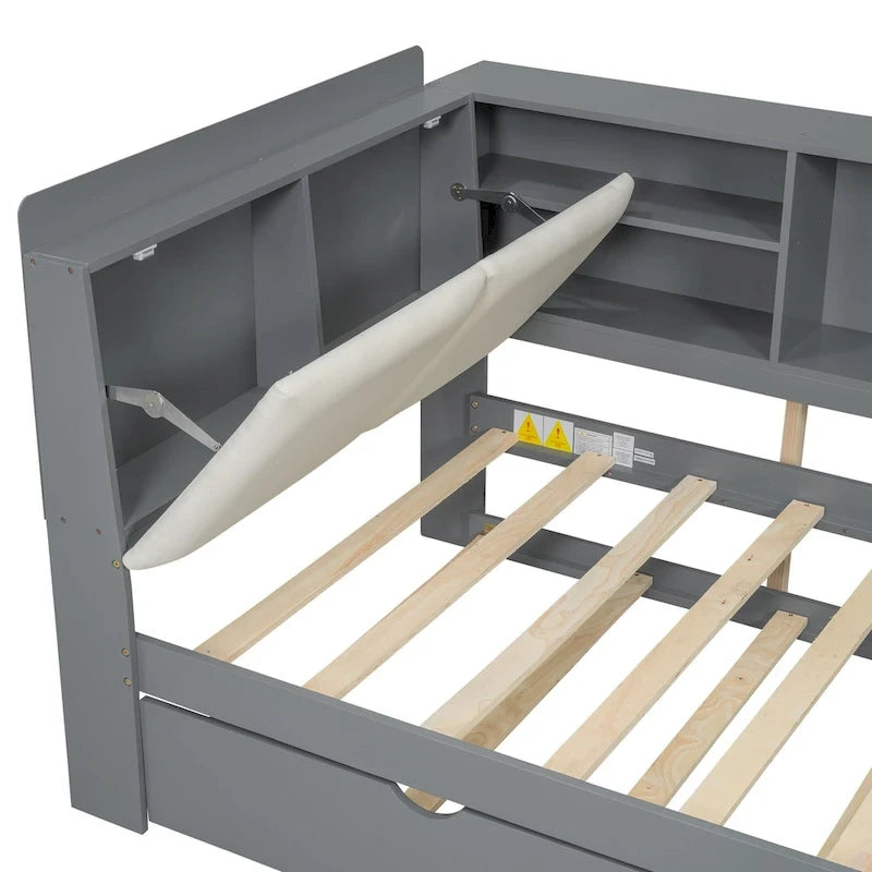 Struttura Divano Letto in Legno con Contenitore, Letto Moderno con Rotelle e Testiera Imbottita e Scaffali, Nessuna Rete a Molle Necessaria