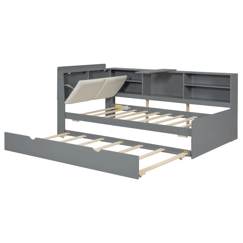 Struttura Divano Letto in Legno con Contenitore, Letto Moderno con Rotelle e Testiera Imbottita e Scaffali, Nessuna Rete a Molle Necessaria
