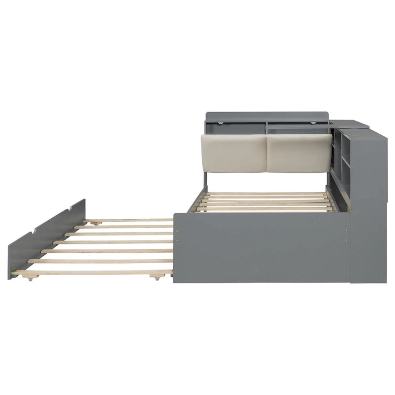 Struttura Divano Letto in Legno con Contenitore, Letto Moderno con Rotelle e Testiera Imbottita e Scaffali, Nessuna Rete a Molle Necessaria
