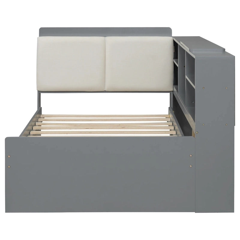 Struttura Divano Letto in Legno con Contenitore, Letto Moderno con Rotelle e Testiera Imbottita e Scaffali, Nessuna Rete a Molle Necessaria
