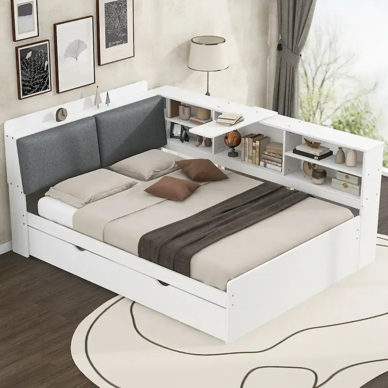 Struttura Divano Letto in Legno con Contenitore, Letto Moderno con Rotelle e Testiera Imbottita e Scaffali, Nessuna Rete a Molle Necessaria
