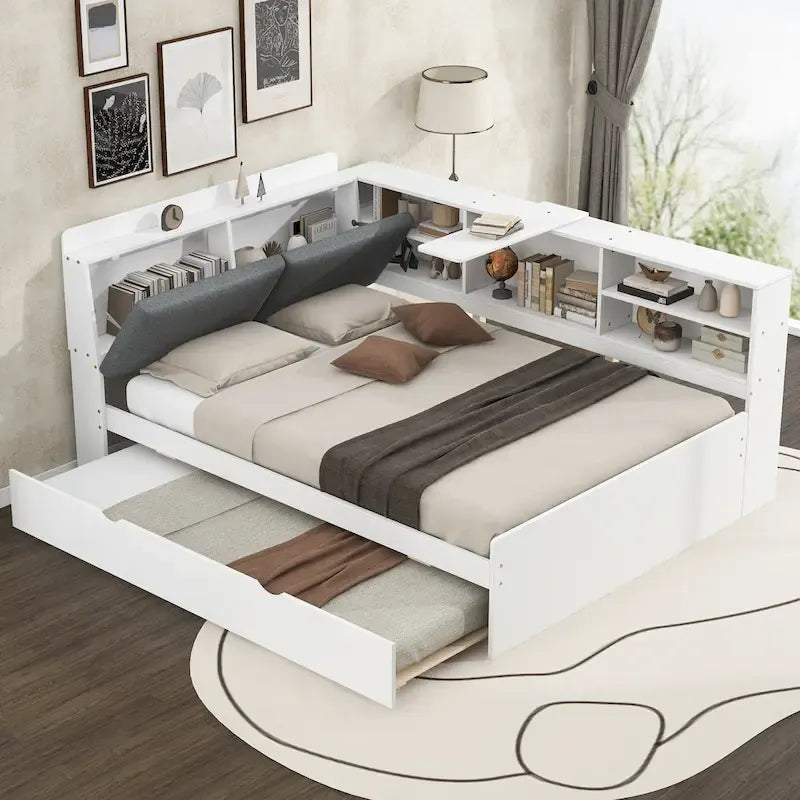 Struttura Divano Letto in Legno con Contenitore, Letto Moderno con Rotelle e Testiera Imbottita e Scaffali, Nessuna Rete a Molle Necessaria