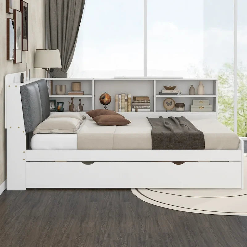 Struttura Divano Letto in Legno con Contenitore, Letto Moderno con Rotelle e Testiera Imbottita e Scaffali, Nessuna Rete a Molle Necessaria
