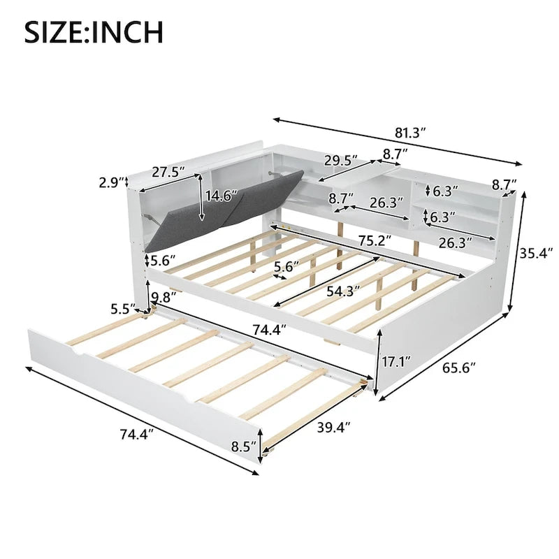 Struttura Divano Letto in Legno con Contenitore, Letto Moderno con Rotelle e Testiera Imbottita e Scaffali, Nessuna Rete a Molle Necessaria