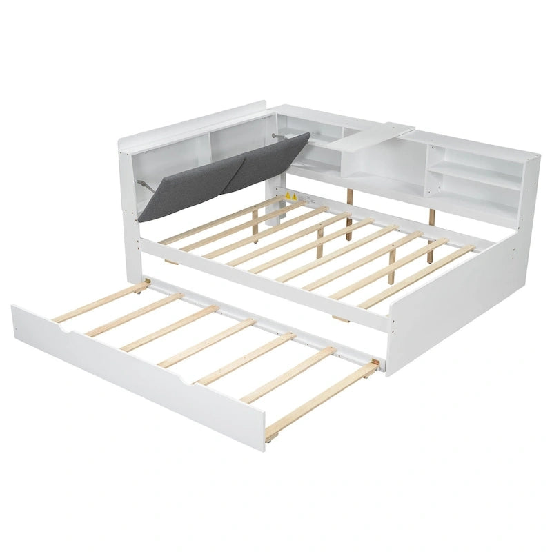 Struttura Divano Letto in Legno con Contenitore, Letto Moderno con Rotelle e Testiera Imbottita e Scaffali, Nessuna Rete a Molle Necessaria