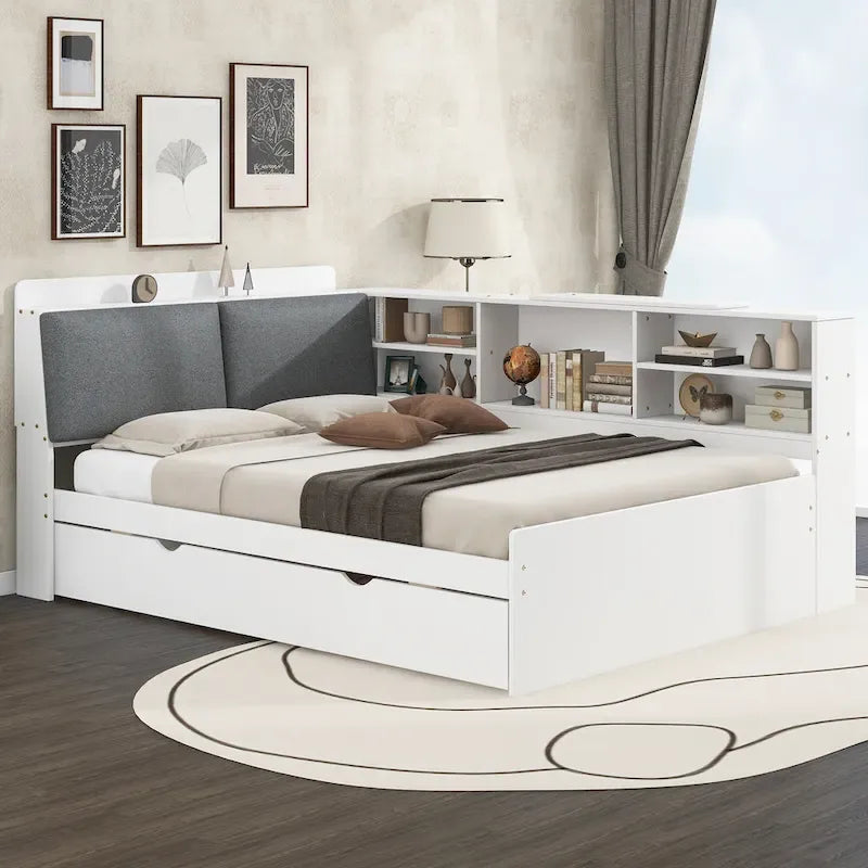 Struttura Divano Letto in Legno con Contenitore, Letto Moderno con Rotelle e Testiera Imbottita e Scaffali, Nessuna Rete a Molle Necessaria