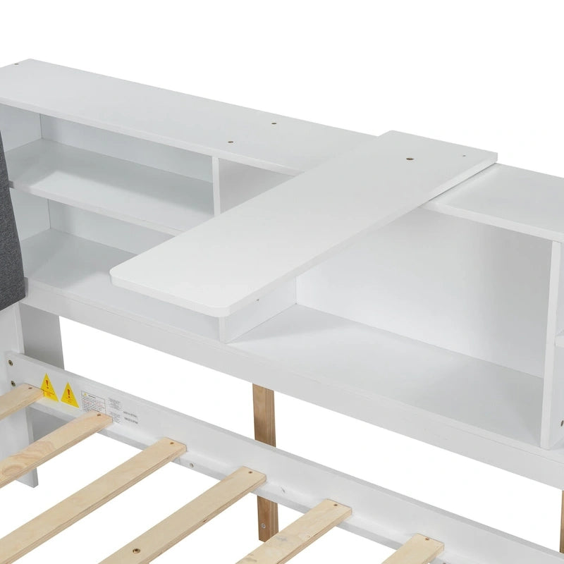 Struttura Divano Letto in Legno con Contenitore, Letto Moderno con Rotelle e Testiera Imbottita e Scaffali, Nessuna Rete a Molle Necessaria