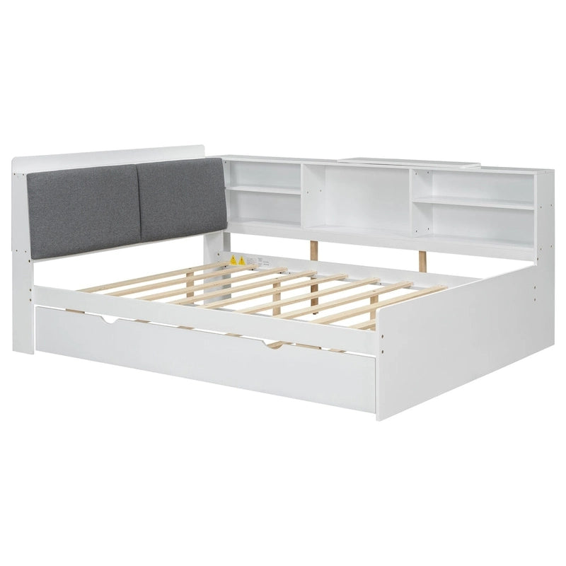Struttura Divano Letto in Legno con Contenitore, Letto Moderno con Rotelle e Testiera Imbottita e Scaffali, Nessuna Rete a Molle Necessaria