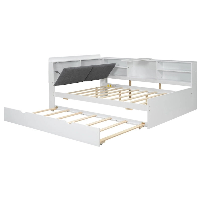 Struttura Divano Letto in Legno con Contenitore, Letto Moderno con Rotelle e Testiera Imbottita e Scaffali, Nessuna Rete a Molle Necessaria