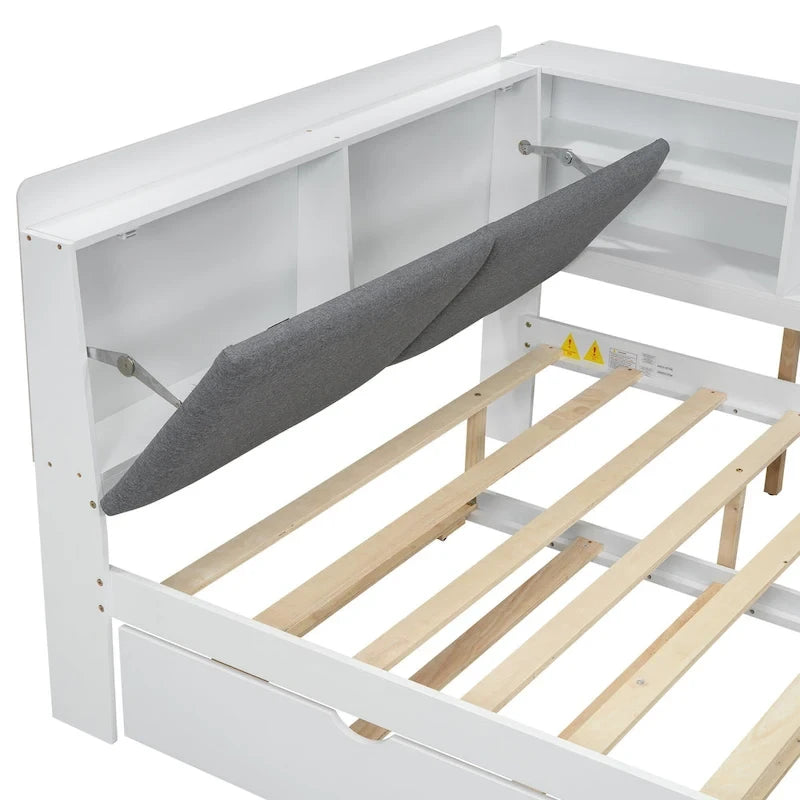 Struttura Divano Letto in Legno con Contenitore, Letto Moderno con Rotelle e Testiera Imbottita e Scaffali, Nessuna Rete a Molle Necessaria