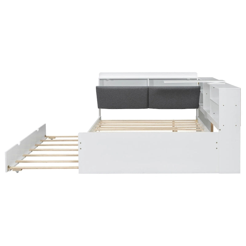 Struttura Divano Letto in Legno con Contenitore, Letto Moderno con Rotelle e Testiera Imbottita e Scaffali, Nessuna Rete a Molle Necessaria