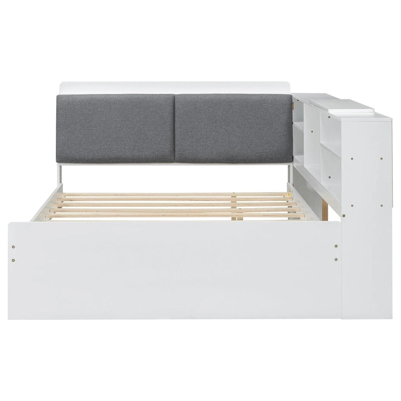 Struttura Divano Letto in Legno con Contenitore, Letto Moderno con Rotelle e Testiera Imbottita e Scaffali, Nessuna Rete a Molle Necessaria