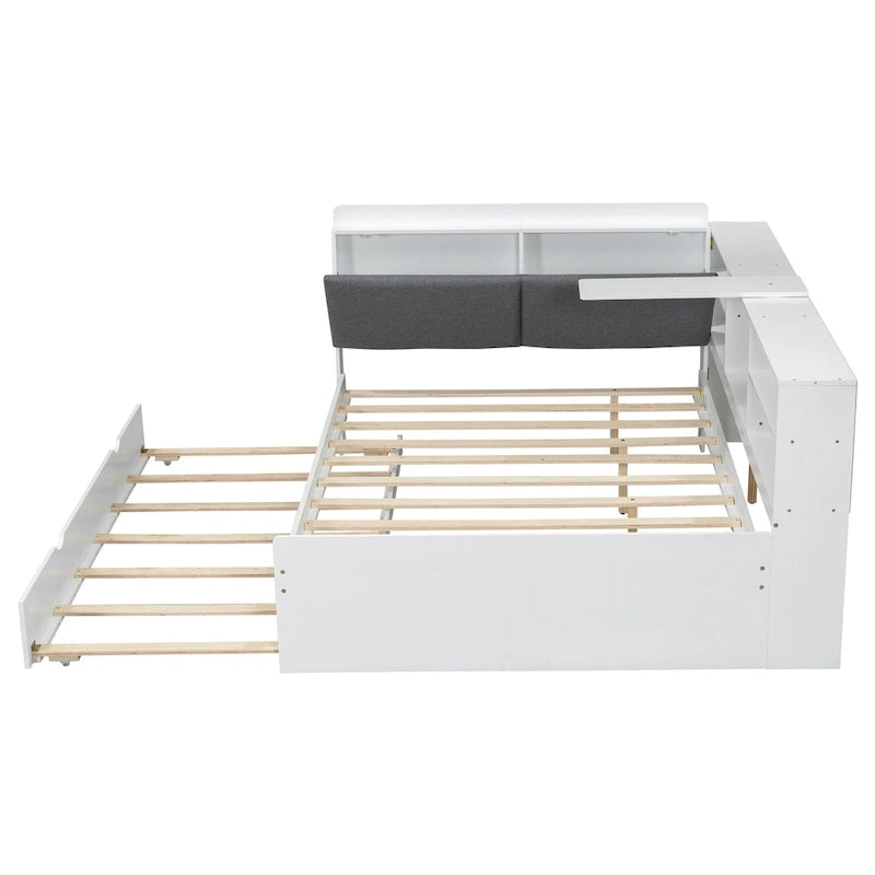 Struttura Divano Letto in Legno con Contenitore, Letto Moderno con Rotelle e Testiera Imbottita e Scaffali, Nessuna Rete a Molle Necessaria