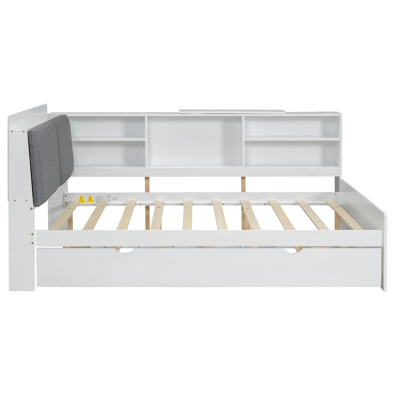 Struttura Divano Letto in Legno con Contenitore, Letto Moderno con Rotelle e Testiera Imbottita e Scaffali, Nessuna Rete a Molle Necessaria
