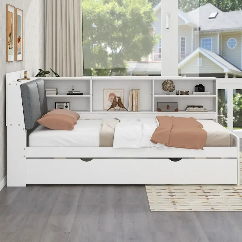 Struttura Divano Letto in Legno con Contenitore, Letto Moderno con Rotelle e Testiera Imbottita e Scaffali, Nessuna Rete a Molle Necessaria