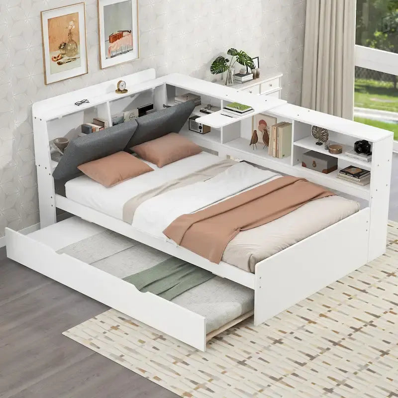 Struttura Divano Letto in Legno con Contenitore, Letto Moderno con Rotelle e Testiera Imbottita e Scaffali, Nessuna Rete a Molle Necessaria