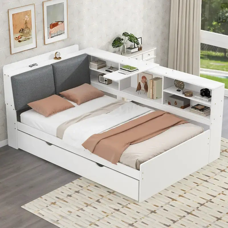 Struttura Divano Letto in Legno con Contenitore, Letto Moderno con Rotelle e Testiera Imbottita e Scaffali, Nessuna Rete a Molle Necessaria