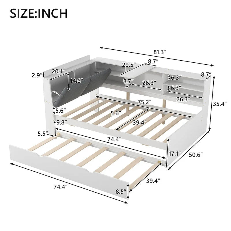 Struttura Divano Letto in Legno con Contenitore, Letto Moderno con Rotelle e Testiera Imbottita e Scaffali, Nessuna Rete a Molle Necessaria