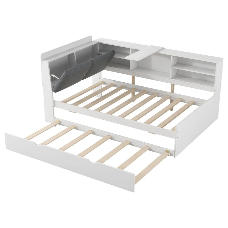 Struttura Divano Letto in Legno con Contenitore, Letto Moderno con Rotelle e Testiera Imbottita e Scaffali, Nessuna Rete a Molle Necessaria