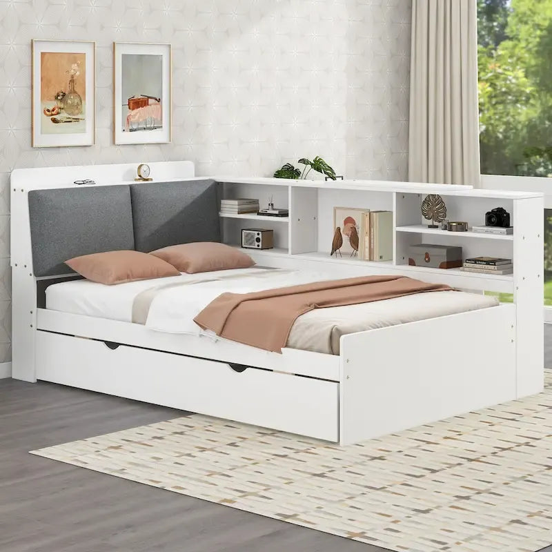 Struttura Divano Letto in Legno con Contenitore, Letto Moderno con Rotelle e Testiera Imbottita e Scaffali, Nessuna Rete a Molle Necessaria