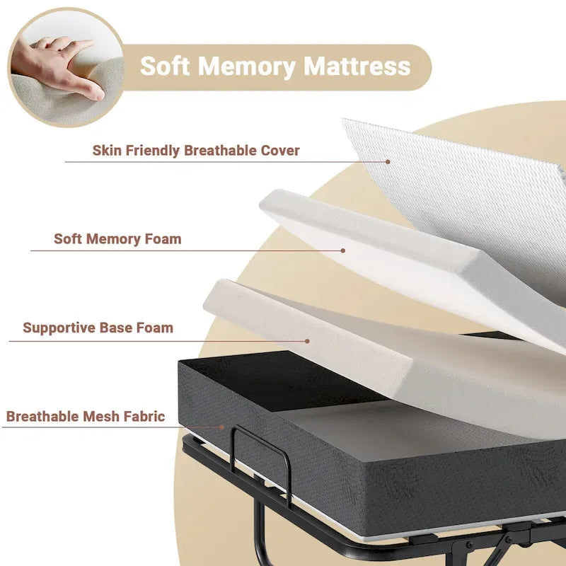 Black Folding Rollaway Bed with Memory Foam Mattress