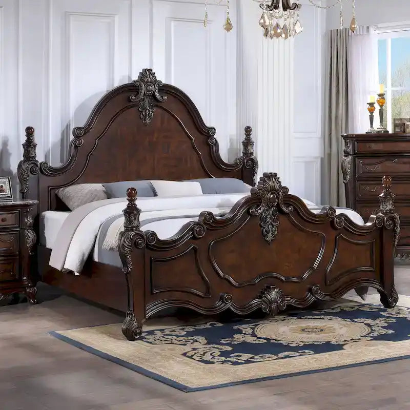Furniture of America Eugene Letto a pannelli tradizionale a baldacchino in legno massello ciliegio scuro con dettagli intagliati