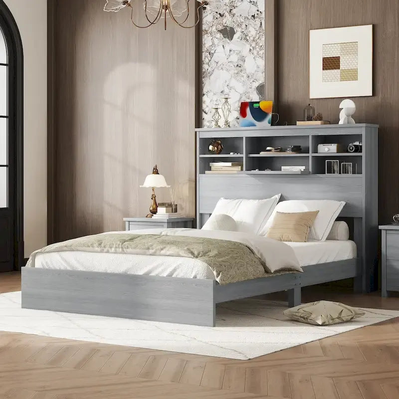 FURNITURE DEMAIN Letto Matrimoniale Queen Size Vintage con Testiera Contenitore e Stazione di Ricarica