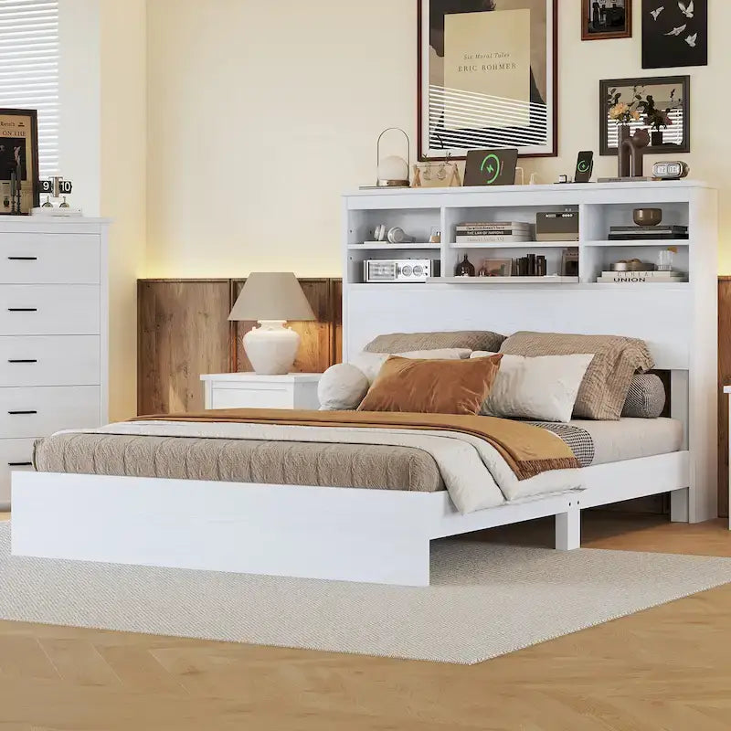 FURNITURE DEMAIN Letto Matrimoniale Queen Size Vintage con Testiera Contenitore e Stazione di Ricarica