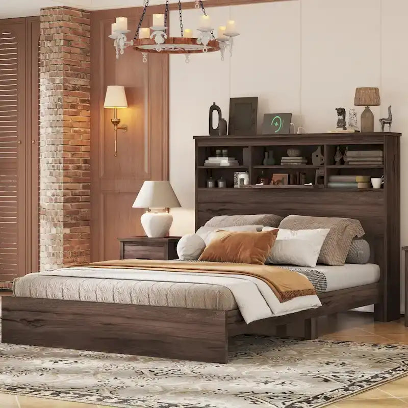 FURNITURE DEMAIN Letto Matrimoniale Queen Size Vintage con Testiera Contenitore e Stazione di Ricarica