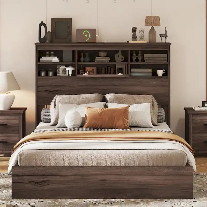 FURNITURE DEMAIN Letto Matrimoniale Queen Size Vintage con Testiera Contenitore e Stazione di Ricarica