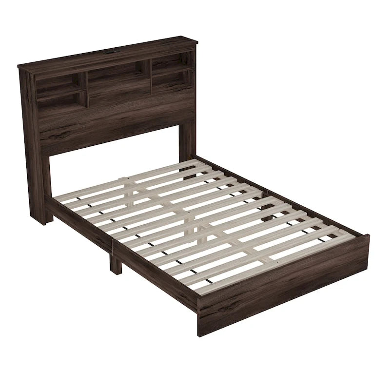 FURNITURE DEMAIN Letto Matrimoniale Queen Size Vintage con Testiera Contenitore e Stazione di Ricarica