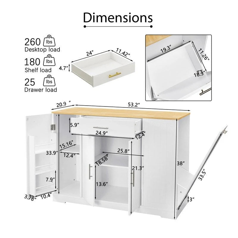 53" Kitchen Island with Drawers and Built-In Trash Bin - Multiple Colors