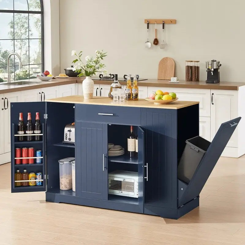 53" Kitchen Island with Drawers and Built-In Trash Bin - Multiple Colors