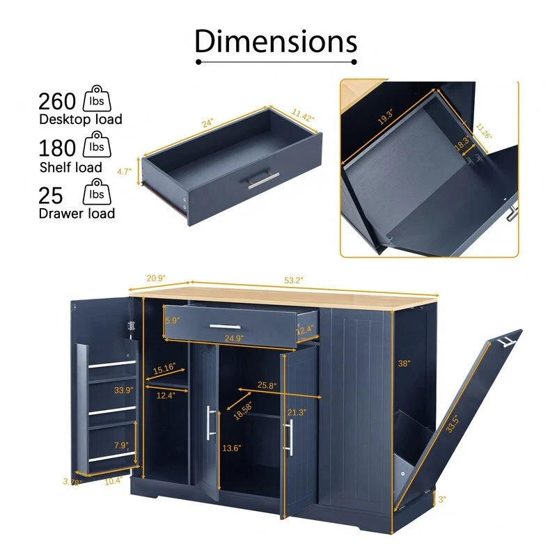 53" Kitchen Island with Drawers and Built-In Trash Bin - Multiple Colors