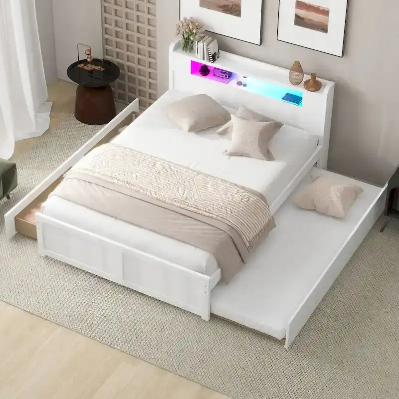 Letto a piattaforma Queen Size con luci a LED e letto estraibile, Struttura letto in legno con mensola testiera e 2 cassetti per bambini, ragazzi, adulti