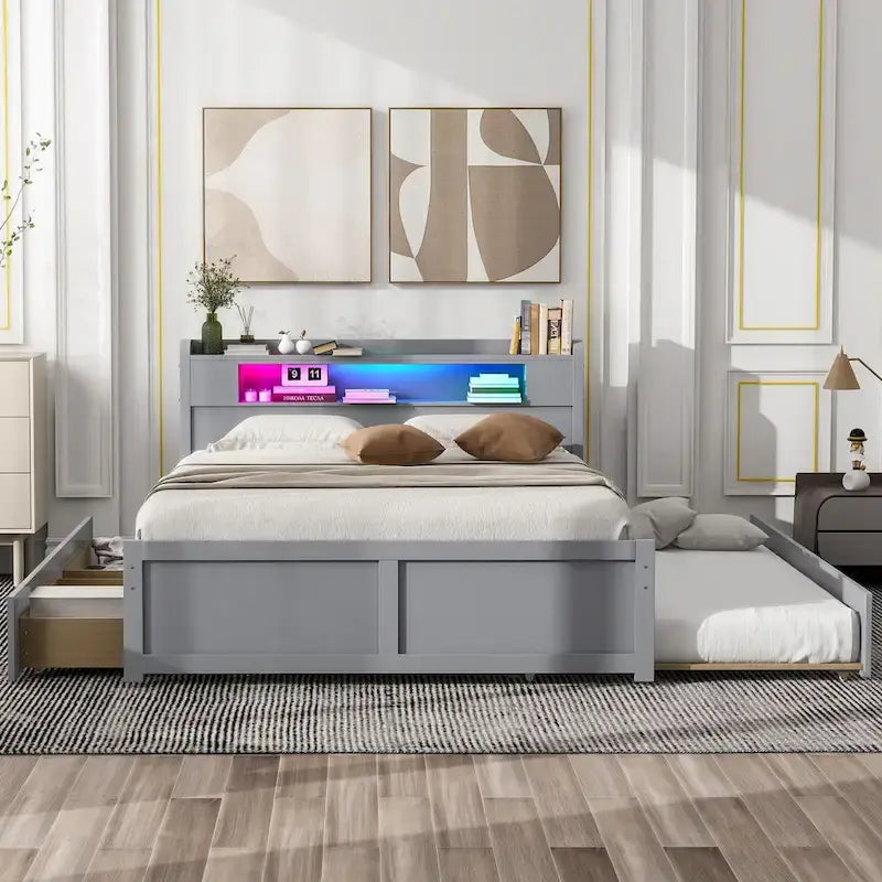 Letto a piattaforma Queen Size con luci a LED e letto estraibile, Struttura letto in legno con mensola testiera e 2 cassetti per bambini, ragazzi, adulti