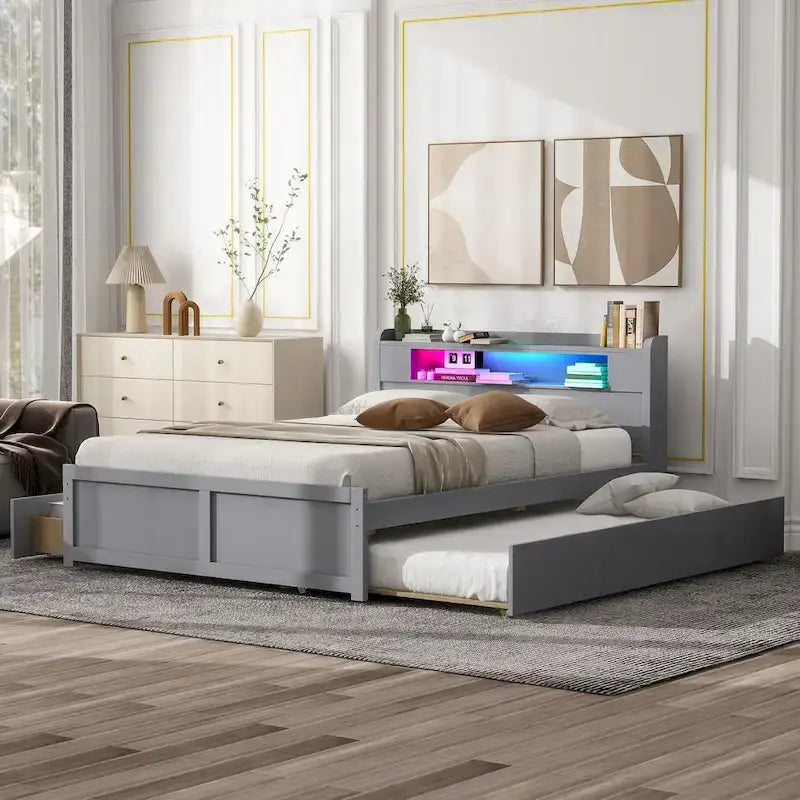 Letto a piattaforma Queen Size con luci a LED e letto estraibile, Struttura letto in legno con mensola testiera e 2 cassetti per bambini, ragazzi, adulti