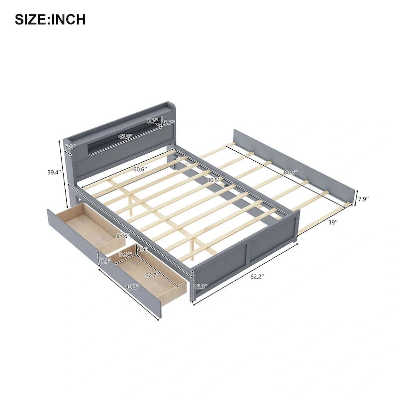 Letto a piattaforma Queen Size con luci a LED e letto estraibile, Struttura letto in legno con mensola testiera e 2 cassetti per bambini, ragazzi, adulti