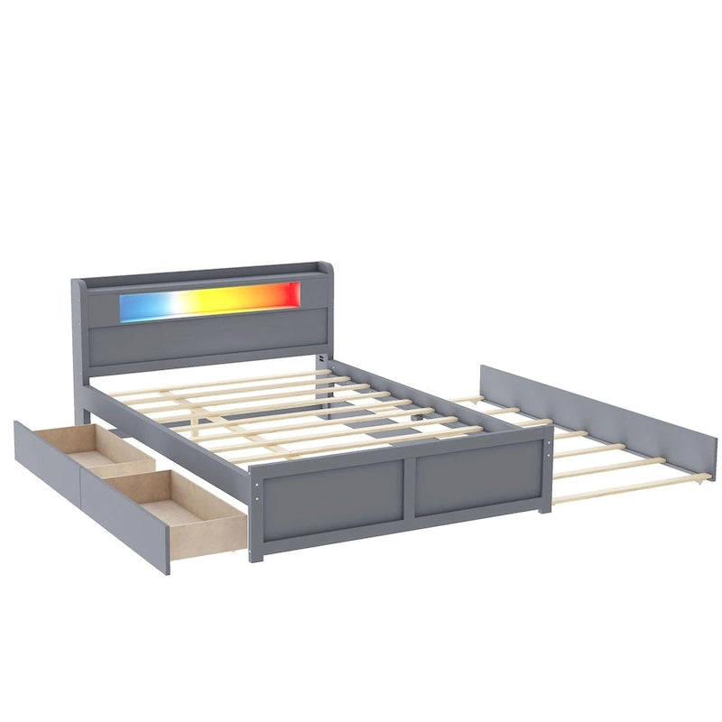 Letto a piattaforma Queen Size con luci a LED e letto estraibile, Struttura letto in legno con mensola testiera e 2 cassetti per bambini, ragazzi, adulti